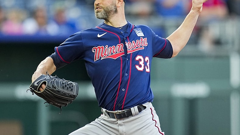 Jun 3, 2021; Kansas City, Missouri, USA; Minnesota Twins starting pitcher J.A. Happ (33) pitches against the Kansas City Royals during the first inning at Kauffman Stadium. Mandatory Credit: Jay Biggerstaff-USA TODAY Sports