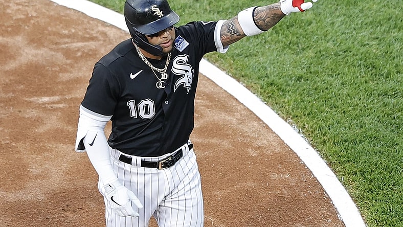Jun 3, 2021; Chicago, Illinois, USA; Chicago White Sox third baseman Yoan Moncada (10) celebrates after hitting a solo home run against the Detroit Tigers during the first inning at Guaranteed Rate Field. Mandatory Credit: Kamil Krzaczynski-USA TODAY Sports