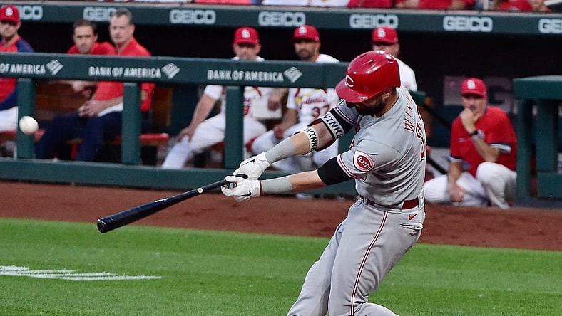 Jun 3, 2021; St. Louis, Missouri, USA;  Cincinnati Reds left fielder Jesse Winker (33) hits a two run home run during the second inning against the St. Louis Cardinals at Busch Stadium. Mandatory Credit: Jeff Curry-USA TODAY Sports