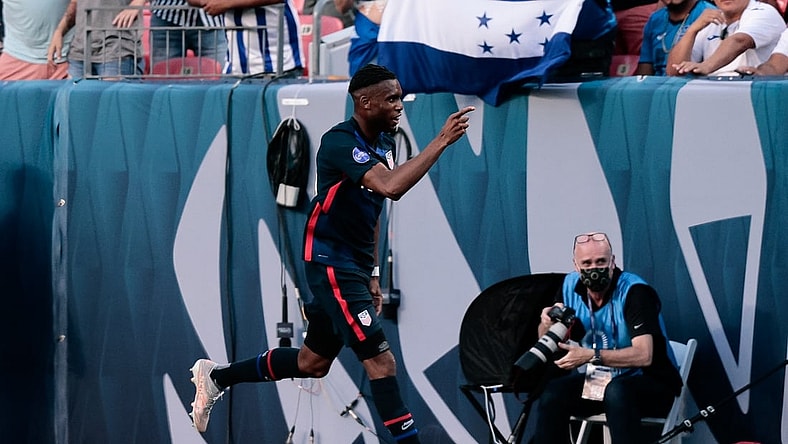 Jun 3, 2021; Denver, Colorado, USA; United States forward Jordan Siebatcheu Pefok (16) celebrates after his goal in the second half against Honduras during the semifinals of the 2021 CONCACAF Nations League soccer series at Empower Field at Mile High. Mandatory Credit: Isaiah J. Downing-USA TODAY Sports