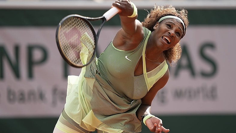 Jun 4, 2021; Paris, France; Serena Williams (USA) in action during her match against Danielle Collins (USA) on day six of the French Open at Stade Roland Garros. Mandatory Credit: Susan Mullane-USA TODAY Sports