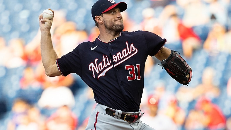 Jun 4, 2021; Philadelphia, Pennsylvania, USA; Washington Nationals starting pitcher Max Scherzer (31) pitches against the Philadelphia Phillies during the first inning at Citizens Bank Park. Mandatory Credit: Bill Streicher-USA TODAY Sports