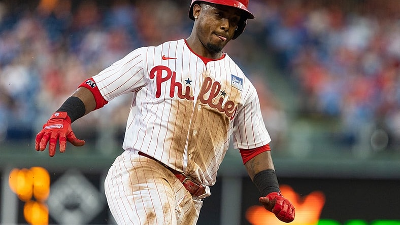 Jun 4, 2021; Philadelphia, Pennsylvania, USA; Philadelphia Phillies shortstop Jean Segura (2) runs the bases on his way to scoring a run during the fourth inning against the Washington Nationals at Citizens Bank Park. Mandatory Credit: Bill Streicher-USA TODAY Sports