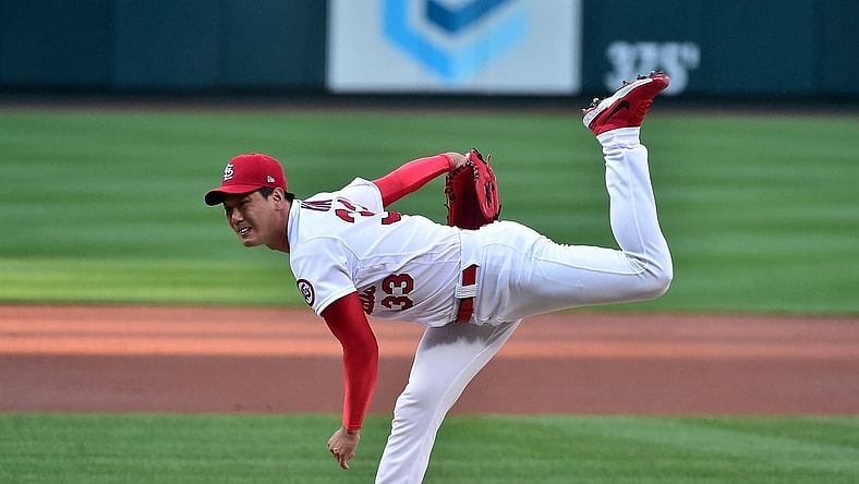 Jun 4, 2021; St. Louis, Missouri, USA;  St. Louis Cardinals starting pitcher Kwang Hyun Kim (33) pitches during the first inning against the Cincinnati Reds at Busch Stadium. Mandatory Credit: Jeff Curry-USA TODAY Sports