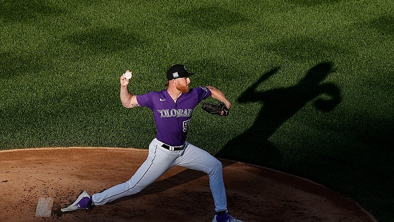 Jun 4, 2021; Denver, Colorado, USA; Colorado Rockies starting pitcher Jon Gray (55) pitches in the first inning against the Oakland Athletics at Coors Field. Mandatory Credit: Isaiah J. Downing-USA TODAY Sports