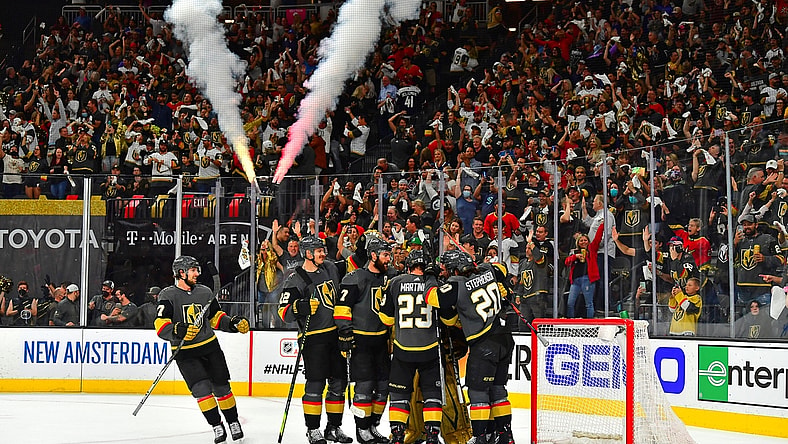 Jun 4, 2021; Las Vegas, Nevada, USA; Vegas Golden Knights players celebrate around Vegas Golden Knights goaltender Marc-Andre Fleury (29) after defeating the Colorado Avalanche 3-2 in game three of the second round of the 2021 Stanley Cup Playoffs at T-Mobile Arena. Mandatory Credit: Stephen R. Sylvanie-USA TODAY Sports