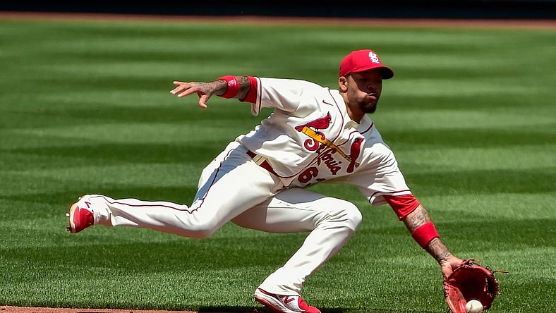 Jun 5, 2021; St. Louis, Missouri, USA;  St. Louis Cardinals shortstop Edmundo Sosa (63) fields a ground ball hit by Cincinnati Reds first baseman Mike Freeman (not pictured) during the third inning at Busch Stadium. Mandatory Credit: Jeff Curry-USA TODAY Sports