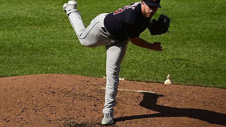 Jun 5, 2021; Baltimore, Maryland, USA;  Cleveland Indians starting pitcher Aaron Civale (43) delivers a first inning pitch against the Baltimore Orioles at Oriole Park at Camden Yards. Mandatory Credit: Tommy Gilligan-USA TODAY Sports