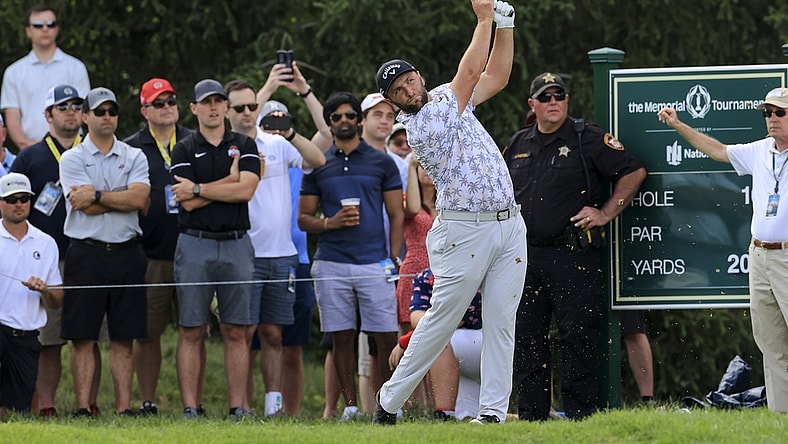 Jun 5, 2021; Dublin, Ohio, USA; Jon Rahm hits his tee shot on the 16th hole during the third round of the Memorial Tournament golf tourney. Mandatory Credit: Aaron Doster-USA TODAY Sports