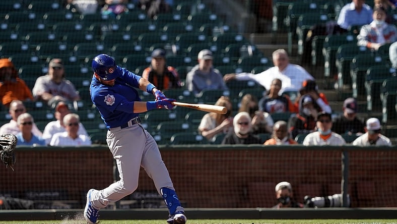 Jun 5, 2021; San Francisco, California, USA; Chicago Cubs third baseman Patrick Wisdom (16) hits a home run during the second inning against the San Francisco Giants at Oracle Park. Mandatory Credit: Darren Yamashita-USA TODAY Sports