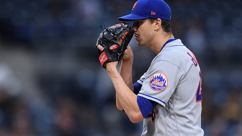 Jun 5, 2021; San Diego, California, USA; New York Mets starting pitcher Jacob deGrom (48) prepares to pitch against the San Diego Padres during the first inning at Petco Park. Mandatory Credit: Orlando Ramirez-USA TODAY Sports
