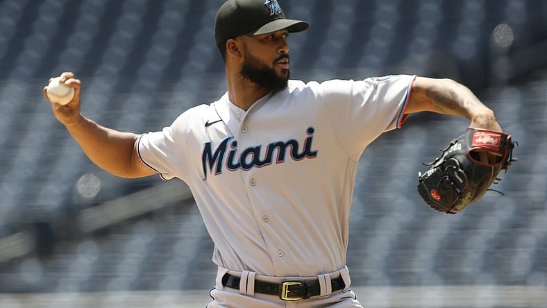 Jun 6, 2021; Pittsburgh, Pennsylvania, USA; Miami Marlins starting pitcher Sandy Alcantara (22) delivers a pitch against the Pittsburgh Pirates during the first inning at PNC Park. Mandatory Credit: Charles LeClaire-USA TODAY Sports
