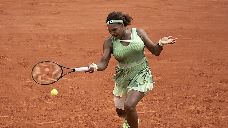 Jun 6, 2021; Paris, France; Serena Williams (USA) in action during her match against Elena Rybakina (KAZ) on day eight of the French Open at Stade Roland Garros. Mandatory Credit: Susan Mullane-USA TODAY Sports