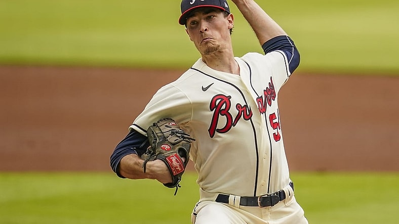 Jun 6, 2021; Cumberland, Georgia, USA; Atlanta Braves starting pitcher Max Fried (54) pitches against the Los Angeles Dodgers during the first inning at Truist Park. Mandatory Credit: Dale Zanine-USA TODAY Sports