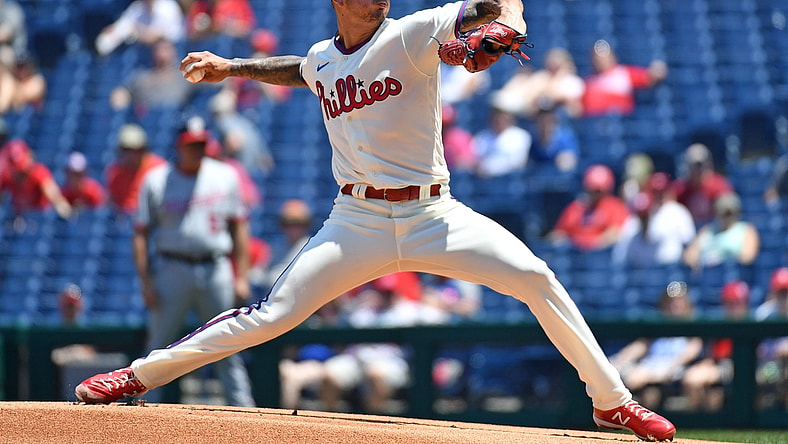 Jun 6, 2021; Philadelphia, Pennsylvania, USA; Philadelphia Phillies starting pitcher Vince Velasquez (21) throws a pitch during the first inning against the Washington Nationals at Citizens Bank Park. Mandatory Credit: Eric Hartline-USA TODAY Sports