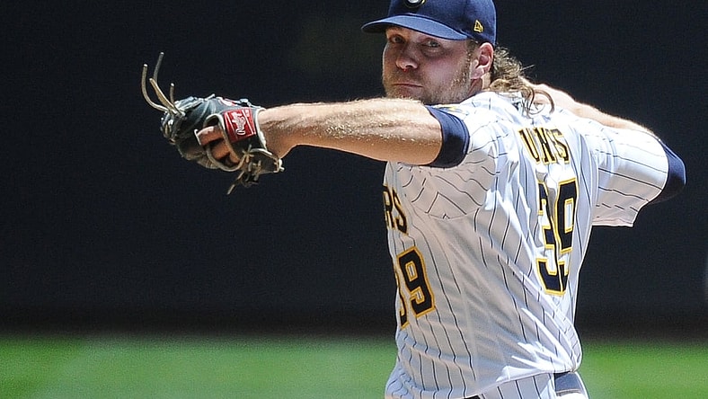 Jun 6, 2021; Milwaukee, Wisconsin, USA;  Milwaukee Brewers starting pitcher Corbin Burnes (39) delivers a pitch agains the Arizona Diamondbacks in the first inning at American Family Field. Mandatory Credit: Michael McLoone-USA TODAY Sports