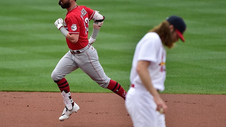 Jun 6, 2021; St. Louis, Missouri, USA;  Cincinnati Reds left fielder Jesse Winker (33) runs the bases after hitting a two run home run off of St. Louis Cardinals starting pitcher John Gant (53) during the first inning at Busch Stadium. Mandatory Credit: Jeff Curry-USA TODAY Sports