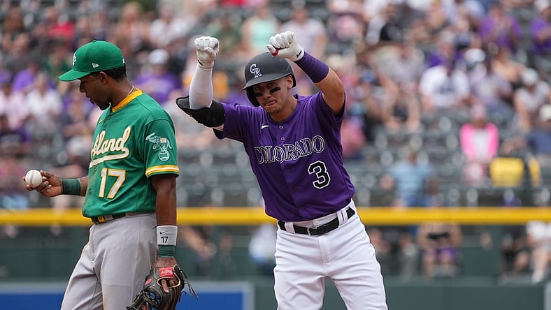 Jun 6, 2021; Denver, Colorado, USA;  Colorado Rockies catcher Dom Nunez (3) reacts to his double in the third inning against the Oakland Athletics at Coors Field. Mandatory Credit: Ron Chenoy-USA TODAY Sports
