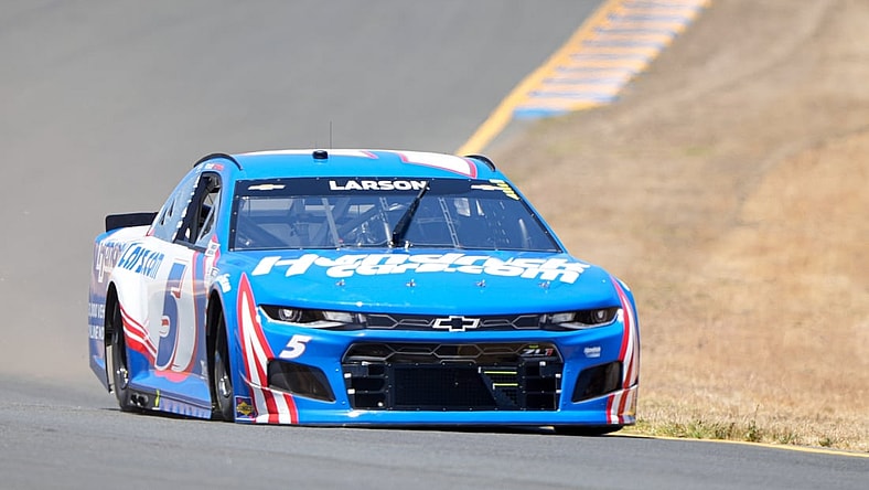 Jun 6, 2021; Sonoma, California, USA; NASCAR Cup Series driver Kyle Larson (5) during the Toyota-Save Mart 350 at Sonoma Raceway. Mandatory Credit: Stan Szeto-USA TODAY Sports