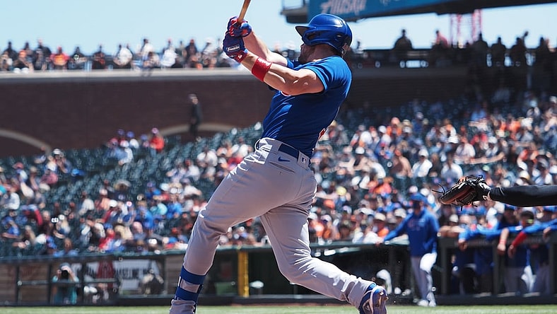 Jun 6, 2021; San Francisco, California, USA; Chicago Cubs third baseman Patrick Wisdom (16) hits a two-run home run against the San Francisco Giants during the fourth inning at Oracle Park. Mandatory Credit: Kelley L Cox-USA TODAY Sports