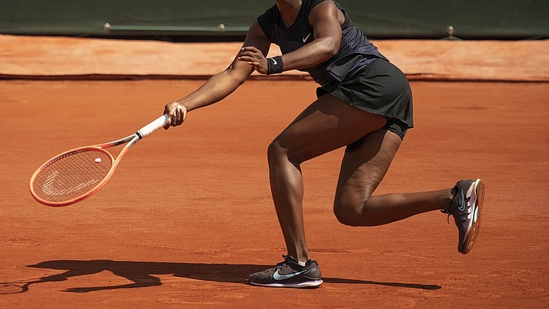 Jun 7, 2021; Paris, France; Sloane Stephens (USA) in action during her match against Barbora Krejcikova (CZE) on day nine of the French Open at Stade Roland Garros. Mandatory Credit: Susan Mullane-USA TODAY Sports