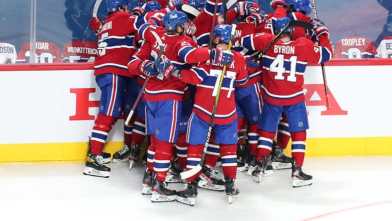 Jun 7, 2021; Montreal, Quebec, CAN; Montreal Canadiens players celebrate their win against Winnipeg Jets in the game four of the second round of the 2021 Stanley Cup Playoffs at Bell Centre. Mandatory Credit: Jean-Yves Ahern-USA TODAY Sports