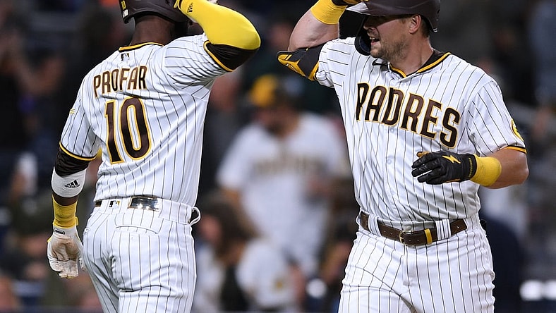 Jun 7, 2021; San Diego, California, USA; San Diego Padres right fielder Brian O'Grady (right) is congratulated by center fielder Jurickson Profar (10) after hitting a two-run home run against the Chicago Cubs during the third inning at Petco Park. Mandatory Credit: Orlando Ramirez-USA TODAY Sports