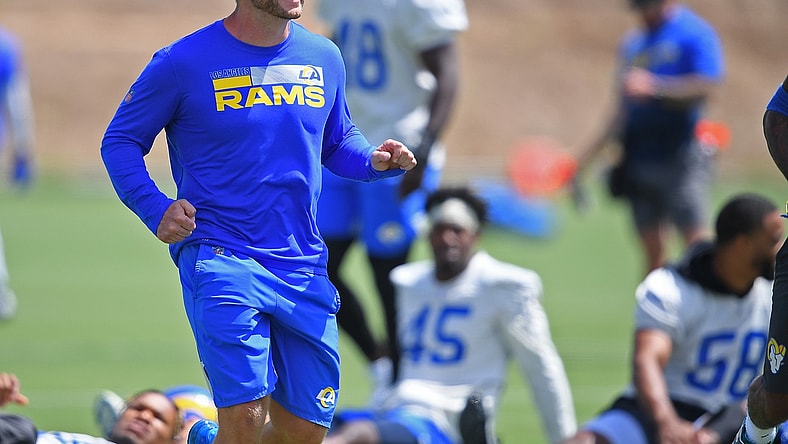 Jun 8, 2021; Thousand Oaks, CA, USA;  Los Angeles Rams head coach Sean McVay smiles during mini camp held at the practice facility at Cal State Lutheran. Mandatory Credit: Jayne Kamin-Oncea-USA TODAY Sports