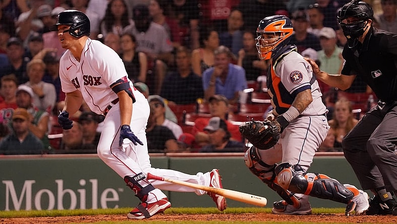 Jun 8, 2021; Boston, Massachusetts, USA; Boston Red Sox right fielder Hunter Renfroe (10) grounded out to third base to drives in a run against the Houston Astros in the fourth inning at Fenway Park. Mandatory Credit: David Butler II-USA TODAY Sports