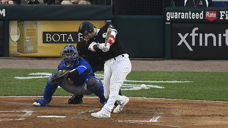 Jun 8, 2021; Chicago, Illinois, USA;  Chicago White Sox first baseman Andrew Vaughn (25) bats in the second inning against the Toronto Blue Jays at Guaranteed Rate Field. Mandatory Credit: Matt Marton-USA TODAY Sports
