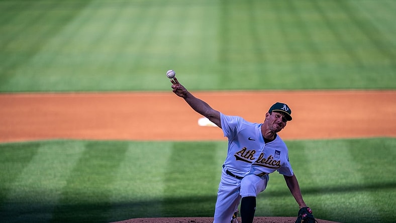Jun 8, 2021; Oakland, California, USA;  Oakland Athletics starting pitcher Chris Bassitt (40) delivers a pitch during the first inning against the Arizona Diamondbacks at RingCentral Coliseum. Mandatory Credit: Neville E. Guard-USA TODAY Sports