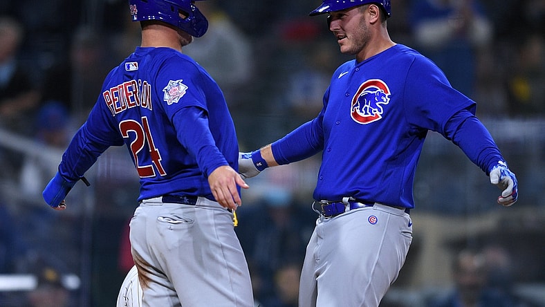 Jun 8, 2021; San Diego, California, USA; Chicago Cubs first baseman Anthony Rizzo (right) celebrates with left fielder Joc Pederson (24) after hitting a two-run home run against the San Diego Padres during the seventh inning at Petco Park. Mandatory Credit: Orlando Ramirez-USA TODAY Sports