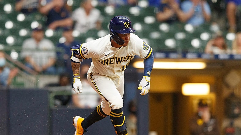 May 24, 2021; Milwaukee, Wisconsin, USA;  Milwaukee Brewers second baseman Kolten Wong (16) during the game against the San Diego Padres at American Family Field. Mandatory Credit: Jeff Hanisch-USA TODAY Sports