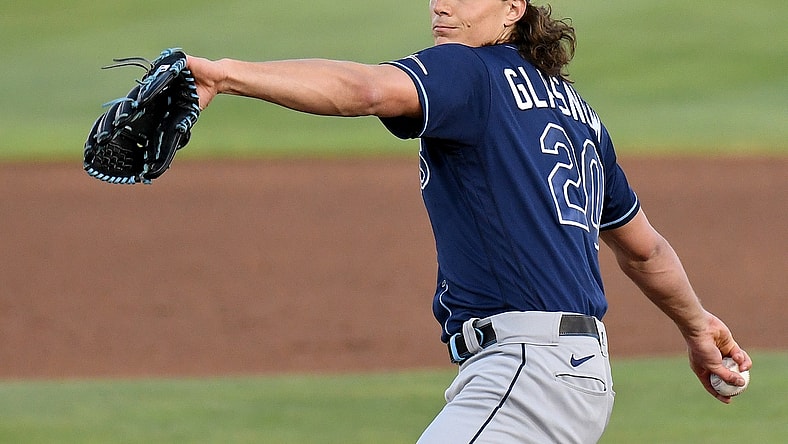 May 21, 2021; Dunedin, Florida, CAN; Tampa Bay Rays pitcher Tyler Glasnow (20) throws a pitch in the first inning against the Toronto Blue Jays at TD Ballpark. Mandatory Credit: Jonathan Dyer-USA TODAY Sports