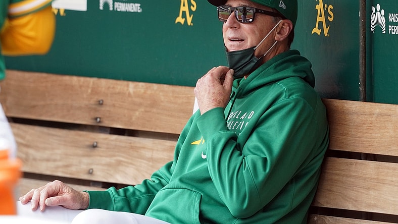 May 29, 2021; Oakland, California, USA; Oakland Athletics manager Bob Melvin (6) sits in the dugout before the game against the Los Angeles Angels at RingCentral Coliseum. Mandatory Credit: Darren Yamashita-USA TODAY Sports