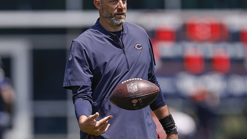 Jun 9, 2021; Lake Forest, Illinois, USA; Chicago Bears head coach Matt Nagy walks on the field during organized team activities at Halas Hall. Mandatory Credit: Kamil Krzaczynski-USA TODAY Sports