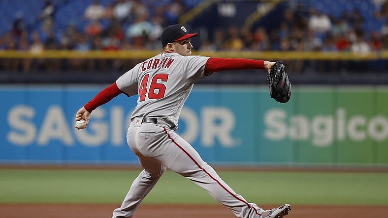 Jun 9, 2021; St. Petersburg, Florida, USA;Washington Nationals starting pitcher Patrick Corbin (46) throws a pitch against the Tampa Bay Rays  during the first inning at Tropicana Field. Mandatory Credit: Kim Klement-USA TODAY Sports