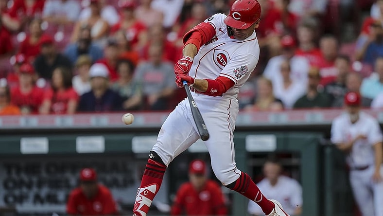 Jun 9, 2021; Cincinnati, Ohio, USA; Cincinnati Reds first baseman Joey Votto (19) hits against the Milwaukee Brewers in the first inning at Great American Ball Park. Mandatory Credit: Katie Stratman-USA TODAY Sports