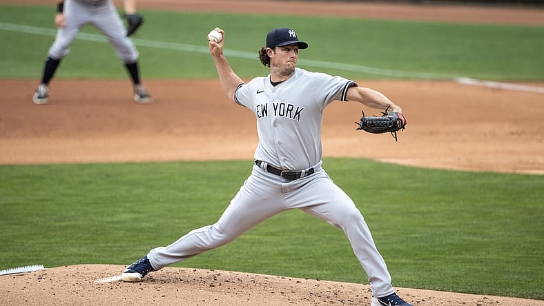 Jun 9, 2021; Minneapolis, Minnesota, USA; New York Yankees starting pitcher Gerrit Cole (45) pitches during the first inning against the Minnesota Twins at Target Field. Mandatory Credit: Jordan Johnson-USA TODAY Sports