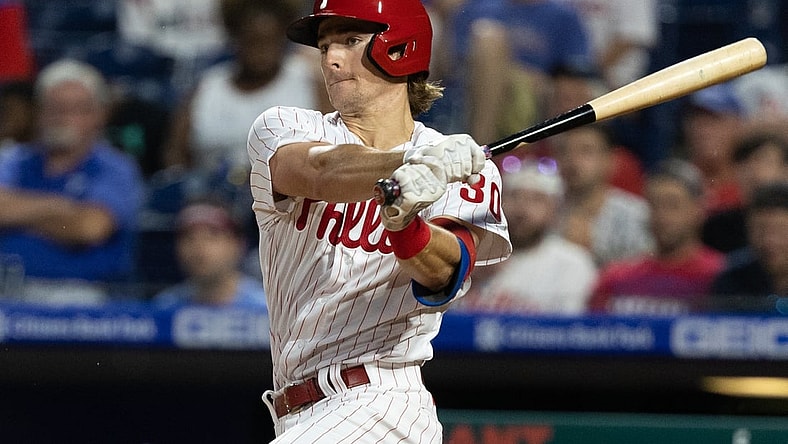 Jun 9, 2021; Philadelphia, Pennsylvania, USA; Philadelphia Phillies third baseman Luke Williams (30) hits a double during the fourth inning against the Atlanta Braves at Citizens Bank Park. Mandatory Credit: Bill Streicher-USA TODAY Sports