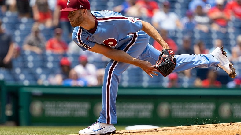 Jun 10, 2021; Philadelphia, Pennsylvania, USA; Philadelphia Phillies starting pitcher Zack Wheeler (45) pitches during the first inning against the Atlanta Braves at Citizens Bank Park. Mandatory Credit: Bill Streicher-USA TODAY Sports
