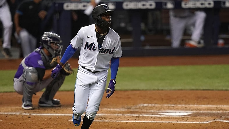 Jun 10, 2021; Miami, Florida, USA; Miami Marlins shortstop Jazz Chisholm Jr. (2) rounds the bases after hitting a three-run homerun in the 2nd inning against the Colorado Rockies at loanDepot park. Mandatory Credit: Jasen Vinlove-USA TODAY Sports