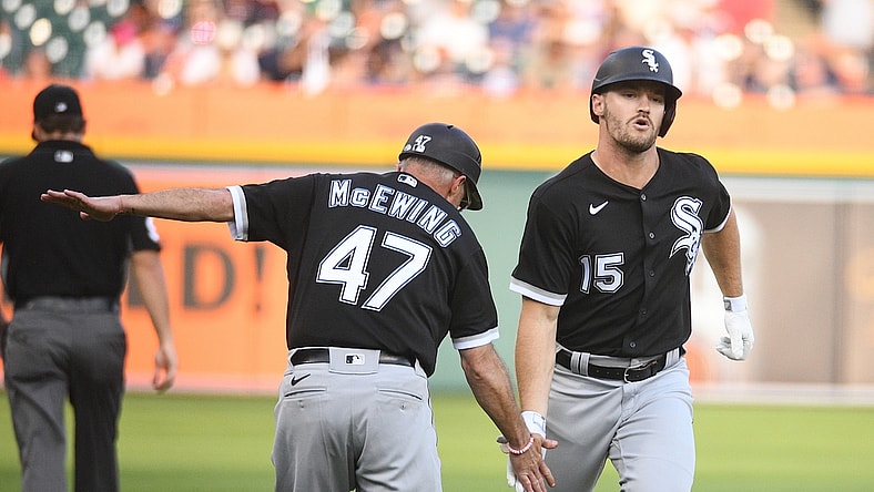 Jun 11, 2021; Detroit, Michigan, USA; Chicago White Sox center fielder Adam Engel (15) celebrates his home run with third base coach Joe McEwing (47) during the second inning against the Detroit Tigers at Comerica Park. Mandatory Credit: Tim Fuller-USA TODAY Sports