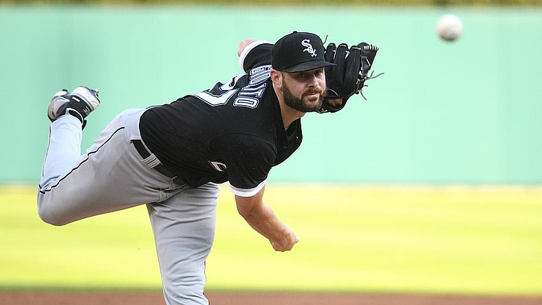 Jun 11, 2021; Detroit, Michigan, USA; Chicago White Sox starting pitcher Lucas Giolito (27) throws a pitch during the first inning against the Detroit Tigers at Comerica Park. Mandatory Credit: Tim Fuller-USA TODAY Sports