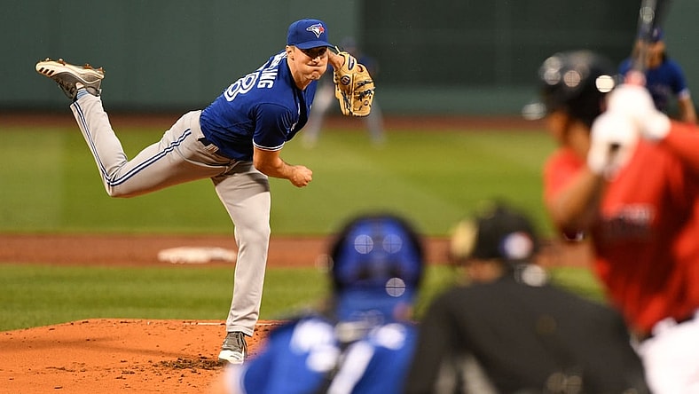 Jun 11, 2021; Boston, Massachusetts, USA; Toronto Blue Jays starting pitcher Ross Stripling (48) pitches against the Boston Red Sox during the first inning at Fenway Park. Mandatory Credit: Brian Fluharty-USA TODAY Sports