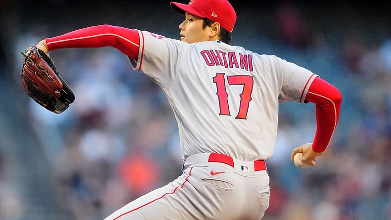 Jun 11, 2021; Phoenix, Arizona, USA; Los Angeles Angels pitcher Shohei Ohtani throws in the first inning against the Arizona Diamondbacks at Chase Field. Mandatory Credit: Mark J. Rebilas-USA TODAY Sports