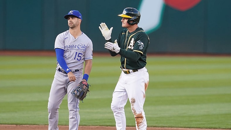 Jun 11, 2021; Oakland, California, USA; Oakland Athletics third baseman Matt Chapman (26) reacts after hitting an RBI double against the Kansas City Royals during the fourth inning at RingCentral Coliseum. Mandatory Credit: Cary Edmondson-USA TODAY Sports