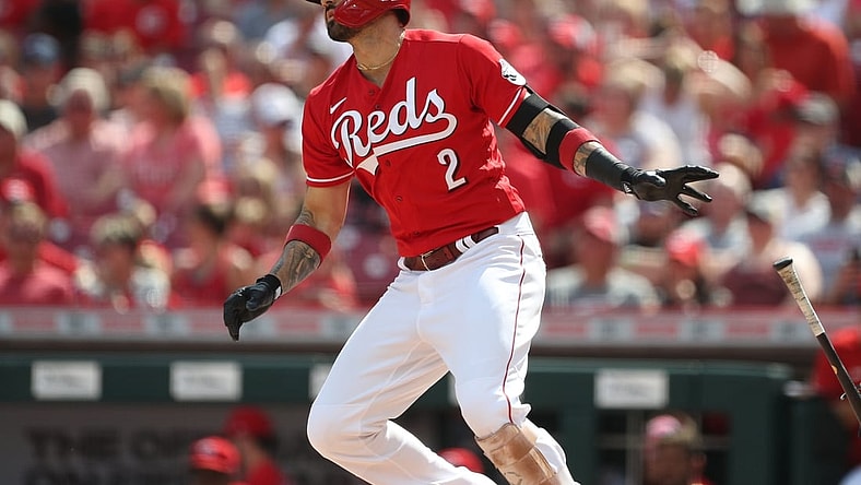 Jun 12, 2021; Cincinnati, Ohio, USA; Cincinnati Reds right fielder Nick Castellanos (2) watches his RBI double during the first inning against the Colorado Rockies at Great American Ball Park. Mandatory Credit: Jordan Prather-USA TODAY Sports
