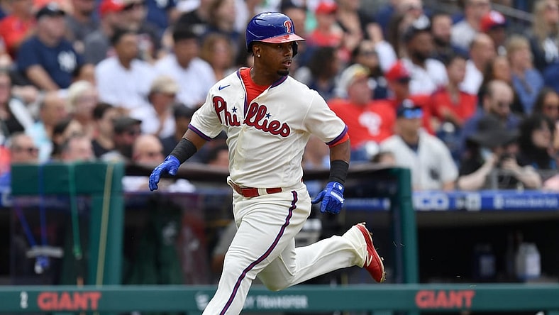 Jun 12, 2021; Philadelphia, Pennsylvania, USA; Philadelphia Phillies infielder Jean Segura (2) advances home to score a run during the first inning against the New York Yankees at Citizens Bank Park. Mandatory Credit: Kyle Ross-USA TODAY Sports