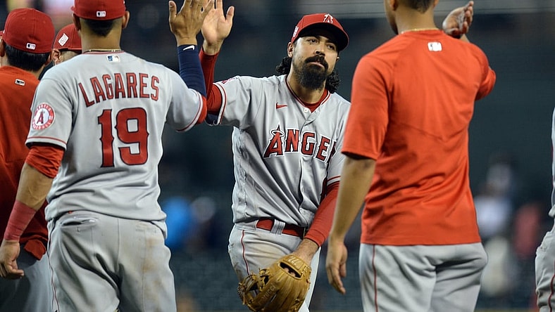 Jun 12, 2021; Phoenix, Arizona, USA; Los Angeles Angels third baseman Anthony Rendon (6) celebrates with teammates after defeating the Arizona Diamondbacks at Chase Field. Mandatory Credit: Joe Camporeale-USA TODAY Sports